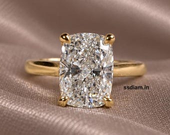 Anillo de compromiso con diamante cultivado en laboratorio, talla cojín alargada, 3 quilates, certificado IGI. Diamante solitario hecho a mano. Anillo de aniversario. Regalo para ella.
