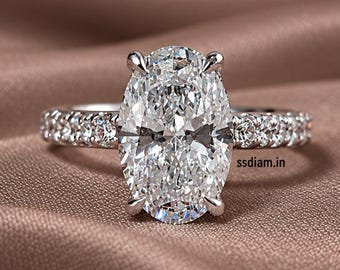 Anillo de compromiso ovalado con diamante cultivado en laboratorio, diamante certificado IGI de 2 quilates, halo oculto y banda pavé. Regalo de aniversario personalizado para ella.