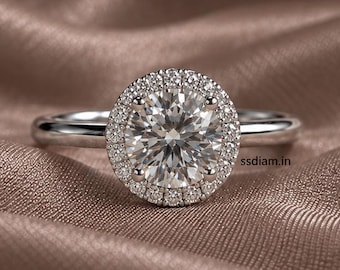 Anillo de compromiso redondo con diamante cultivado en laboratorio, anillo con halo de diamantes hecho a mano, elegante regalo de aniversario para ella.