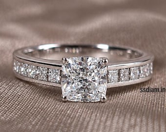 Anillo de compromiso con diamante cultivado en laboratorio talla cojín, banda con diamantes talla princesa y pavé, anillo de aniversario hecho a mano, regalo para ella.