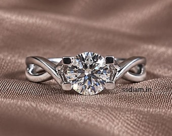 Anillo de compromiso solitario redondo con diamante cultivado en laboratorio, banda retorcida con diseño de infinito, anillo de aniversario hecho a mano, regalo para ella.