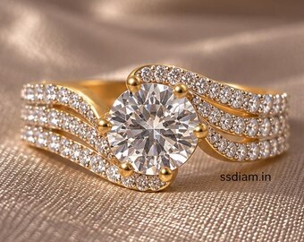 Anillo de compromiso redondo con diamante cultivado en laboratorio, elegante banda curva pavé, anillo de aniversario personalizado, regalo para ella.