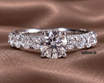 Anillo de compromiso solitario redondo con diamante cultivado en laboratorio, banda clásica con pavé, anillo de boda hecho a mano, regalo para ella.