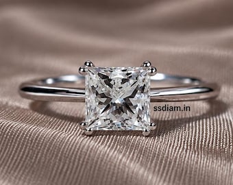 Anillo de compromiso solitario Princess Lab Grown Diamond con diamante talla cuadrada y doble garra. Anillo de promesa minimalista hecho a mano. Regalo de cumpleaños para ella.