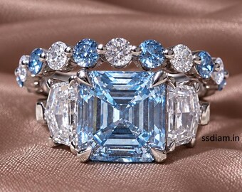 Anillo de compromiso con diamante azul Asscher cultivado en laboratorio, conjunto con alianza de boda azul a juego, diamante de 3 quilates certificado por IGI, hecho a mano con tres piedras.