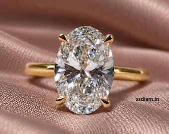 Anillo de compromiso ovalado con diamante cultivado en laboratorio, solitario de 3 quilates, elegante anillo con montura tipo catedral, regalo de aniversario personalizado para ella.