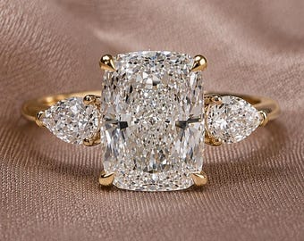 Cushion Lab Grown Diamond Engagement Ring Pear Accent Ring 3ct IGI Certified Diamond Three Stone Wedding Ring Anniversary Gift For Her