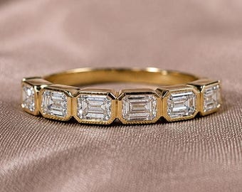 Emerald Lab Grown Diamond Wedding Band Gold Bezel Set Band Customized Eternity Band Minimalist Anniversary Gift For Her