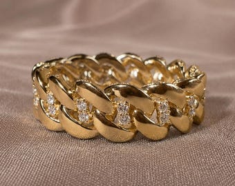 Round Lab Grown Diamond Wedding Band Cuban Link Ring Handmade Eternity Band Chunky Chain Band Anniversary Band Gift For Her