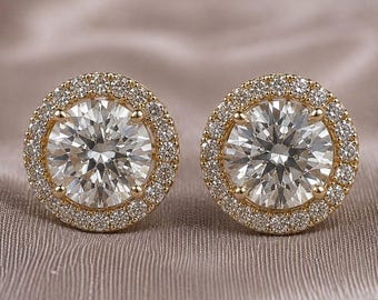 Round Lab Grown Diamond Stud Earrings Gold Diamond Halo Studs Minimalist Wedding Earrings Anniversary Gift For Her