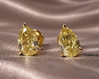Pendientes de oro con forma de lágrima y diamantes cultivados en laboratorio en forma de pera amarilla, hechos a mano. Regalo para ella.