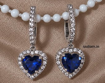 Pendientes colgantes de zafiro azul en forma de corazón con diamantes, hechos a mano, con halo de diamantes, elegante regalo de boda para ella.