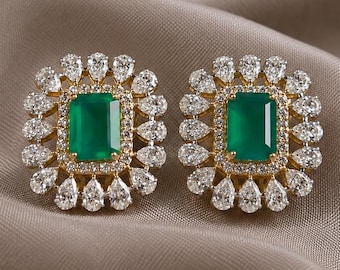 Green Emerald Lab Grown Halo Diamond Stud Earrings Vintage Gold Stud Earrings Customized Wedding Jewelry Gift for Her