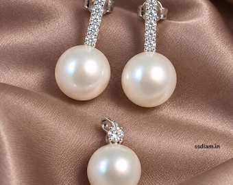 Conjunto de pendientes y colgante de perlas y diamantes, diamante redondo cultivado en laboratorio, regalo de boda personalizado para ella.