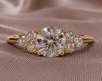Round Lab Grown Diamond Engagement Ring Cluster Wedding Ring Promise Ring Gift For Her Customized Anniversary Ring
