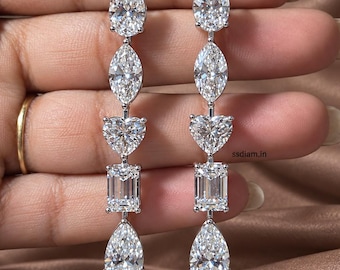 Pendientes colgantes de diamantes cultivados en laboratorio de formas variadas, pendientes de boda con tallas mixtas, pendientes largos personalizados, regalo para ella.