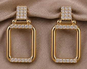 Gold Rectangle Drop Earrings Round Lab Grown Diamond Statement Dangle Earrings Wedding Jewelry Gift For Her