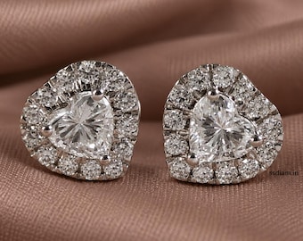 Pendientes de botón con forma de corazón, diamantes cultivados en laboratorio, pendientes de botón con halo personalizados, pendientes minimalistas de boda, regalo para ella.