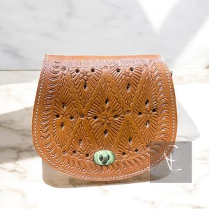 Tooled Leather Saddle Bag | Handmade Tan Crossbody Purse | Moroccan Shoulder Bag | Genuine Leather purse | Gift for Her