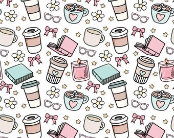 Tessuto con libri e caffè, tessuto femminile, tessuto a tema libri, tessuto con stampa estetica rosa e tazze, tessuto con cartoni animati, tessuto di cotone al mezzo metro