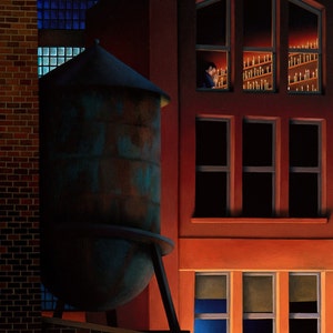 May include: A dark blue water tower with a rounded top sits in front of a red brick building with windows. The windows are lit from inside, and one window shows a person looking out.