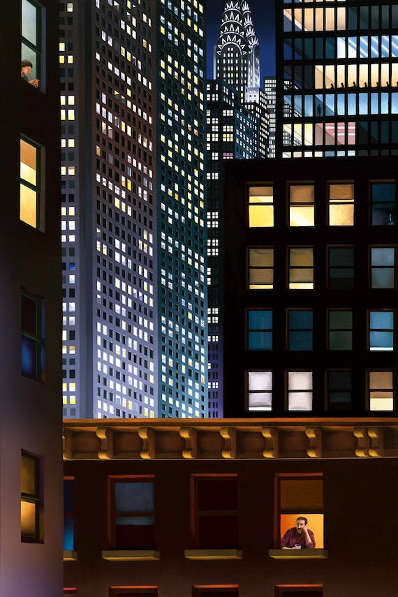 Manhattan at Night, Signed, limited edition Archival Ink Print, Giclée, Cityscape of Third Avenue NYC Oil Painting
