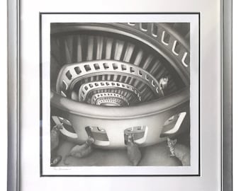 Descending A Staircase, Original Framed Graphite Drawing