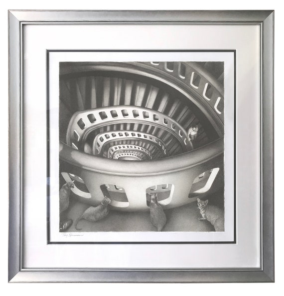 Descending A Staircase, Original Framed Graphite Drawing