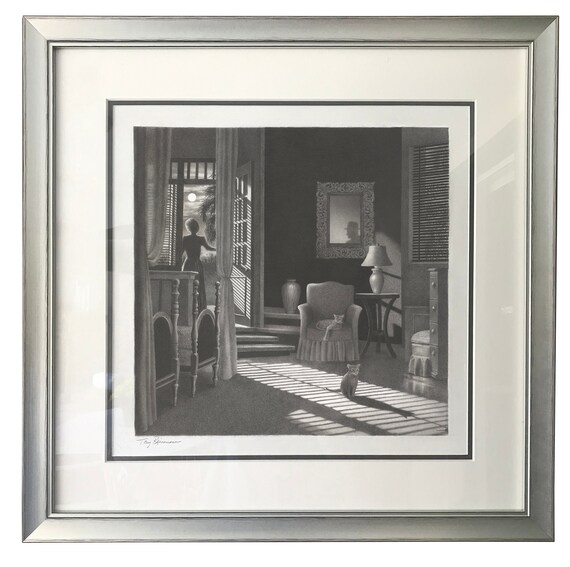 Miami Evening  Waiting for the Letter, Original Framed Graphite Drawing