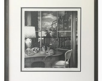 Terrace Above the FDR, Original Framed Graphite Drawing