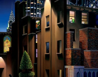 Manhattan Rooftop on West 24th Street at Nighttime. Signed, limited edition, Archival Ink Print, Giclée, 24x32