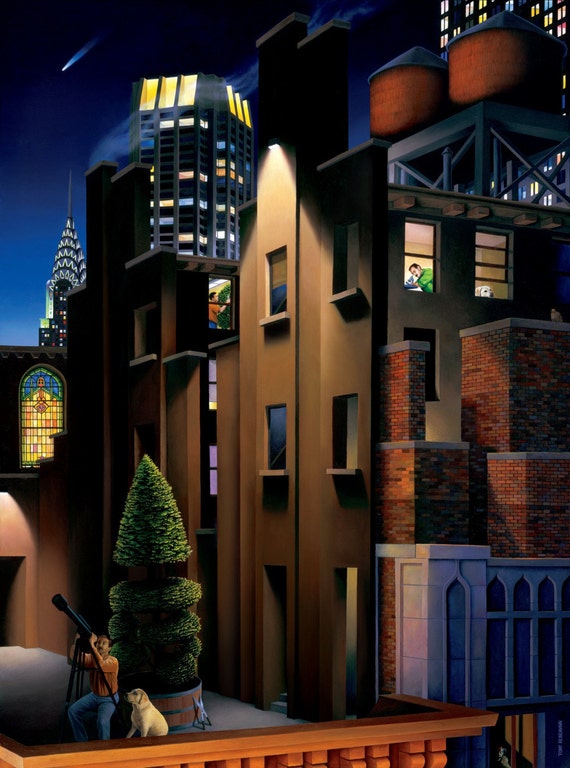 Manhattan Rooftop on West 24th Street at Nighttime. Signed, limited edition, Archival Ink Print, Giclée, 24x32