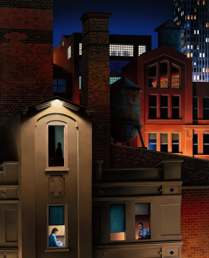 May include: A night scene of a city with multiple brick buildings. The buildings have windows with lights on inside. A person is visible in one of the windows.