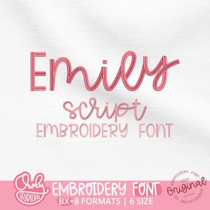 May include: A white background with the name "Emily" in a pink script font. Below it, the word "script" and "EMBROIDERY FONT" are displayed. The Owly Studio logo and additional text about the font are at the bottom.