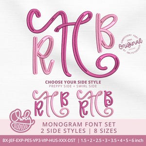 May include: A digital embroidery monogram font set featuring the letters R, T, and B in shades of pink. The design includes two side styles, preppy and swirl, with text labels indicating 8 sizes ranging from 1.5 to 6 inches for file formats.