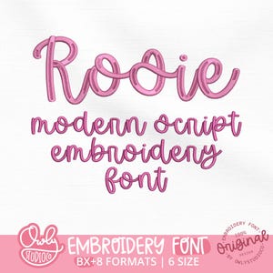 May include: A digital display of the Rosie modern script embroidery font in pink thread texture. The text reads Rosie, modern script embroidery font, with the Owly StudioCo logo and a circular badge stating 100% original embroidery font design.