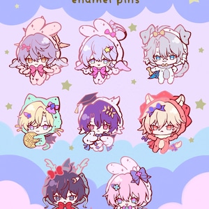 May include: A selection of enamel pins with cartoon characters in animal costumes. The pins have a cute, anime-inspired style with soft colours and details like bows and stars. The text "eepy baby enamel pins" is at the top, in a playful font.