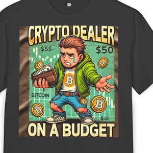 Puede incluir: Una camiseta negra con un gráfico de un personaje de dibujos animados sosteniendo una pila de dinero. El gráfico está en un estilo retro con el texto "CRYPTO DEALER ON A BUDGET".