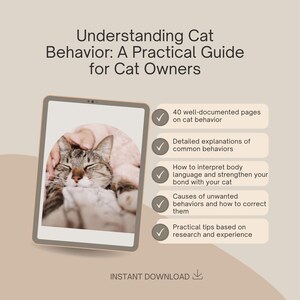 Könnte beinhalten: Ein digitales Tablet zeigt einen Leitfaden für Katzenbesitzer. Der Leitfaden enthält Informationen über Katzenverhalten, Körpersprache und wie man die Bindung zu seiner Katze stärkt. Das Bild zeigt auch eine Katze, die auf einer rosa Decke schläft.