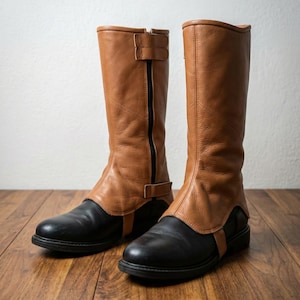 Puede incluir: Un par de botas altas hasta la rodilla con un dise&ntilde;o bicolor. La parte inferior de las botas es negra, mientras que la parte superior es de cuero marr&oacute;n claro. Las botas tienen cremallera y hebilla.