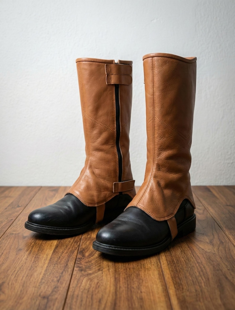 Puede incluir: Un par de botas altas hasta la rodilla con un dise&ntilde;o bicolor. La parte inferior de las botas es negra, mientras que la parte superior es de cuero marr&oacute;n claro. Las botas tienen cremallera y hebilla.