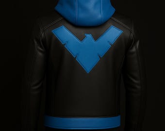 Nightwing Cosplay Leather Jacket for Men | Black & Blue Hooded Superhero Outfit | DC Inspired Leatherwear
