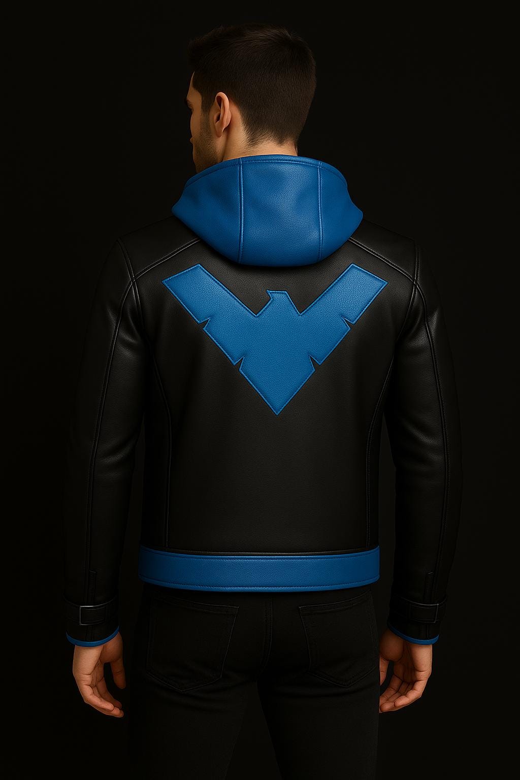 Nightwing Cosplay Leather Jacket for Men Black & Blue Hooded Superhero Outfit Inspired Leatherwear