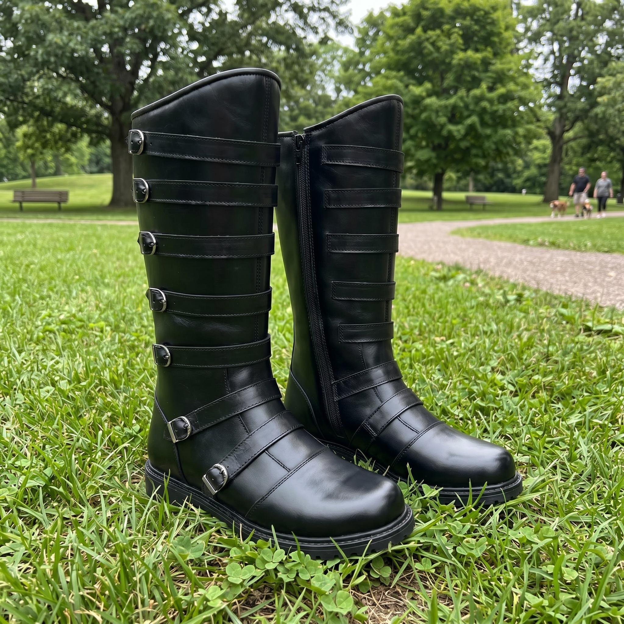 Black Leather Multi Buckle Mid-calf Boots, Goth Punk Biker