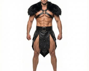 Handgemaakt leren barbaarkostuum | Viking LARP-outfit met bontcape