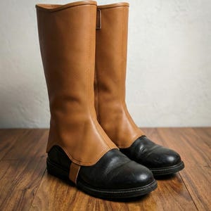 Puede incluir: Un par de botas de dos tonos. La parte superior es de cuero marr&oacute;n claro, la parte inferior y la suela son negras. Las botas tienen un dise&ntilde;o cl&aacute;sico con un detalle de correa. Miden aproximadamente 30 cm de alto.