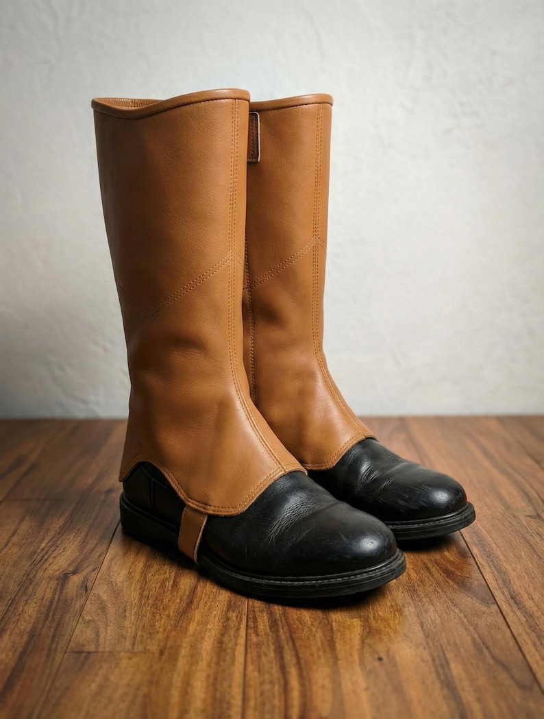 Puede incluir: Un par de botas de dos tonos. La parte superior es de cuero marr&oacute;n claro, la parte inferior y la suela son negras. Las botas tienen un dise&ntilde;o cl&aacute;sico con un detalle de correa. Miden aproximadamente 30 cm de alto.