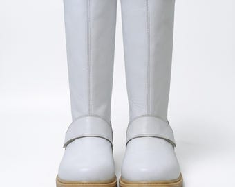 Botas Scout Trooper de cuero blanco para hombre, ideales para disfraces de motociclista y cosplay.
