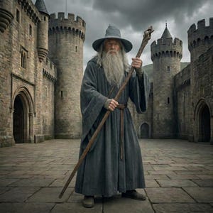 May include: A person in a long gray robe and hat, holding a wooden staff with a carved dragon head, stands in front of a stone castle. The person has a long white beard and is wearing a brown belt. The background is a cloudy sky.
