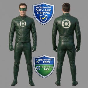 May include: A dark green leather jacket and pants set with a matching mask. The jacket features a circular emblem on the chest and back. The outfit is a superhero costume.
